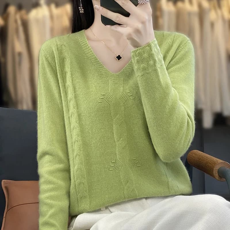 Pull jacquard torsadé à col en V pour femmes, pull en pure laine, tricots décontractés pour femmes, 