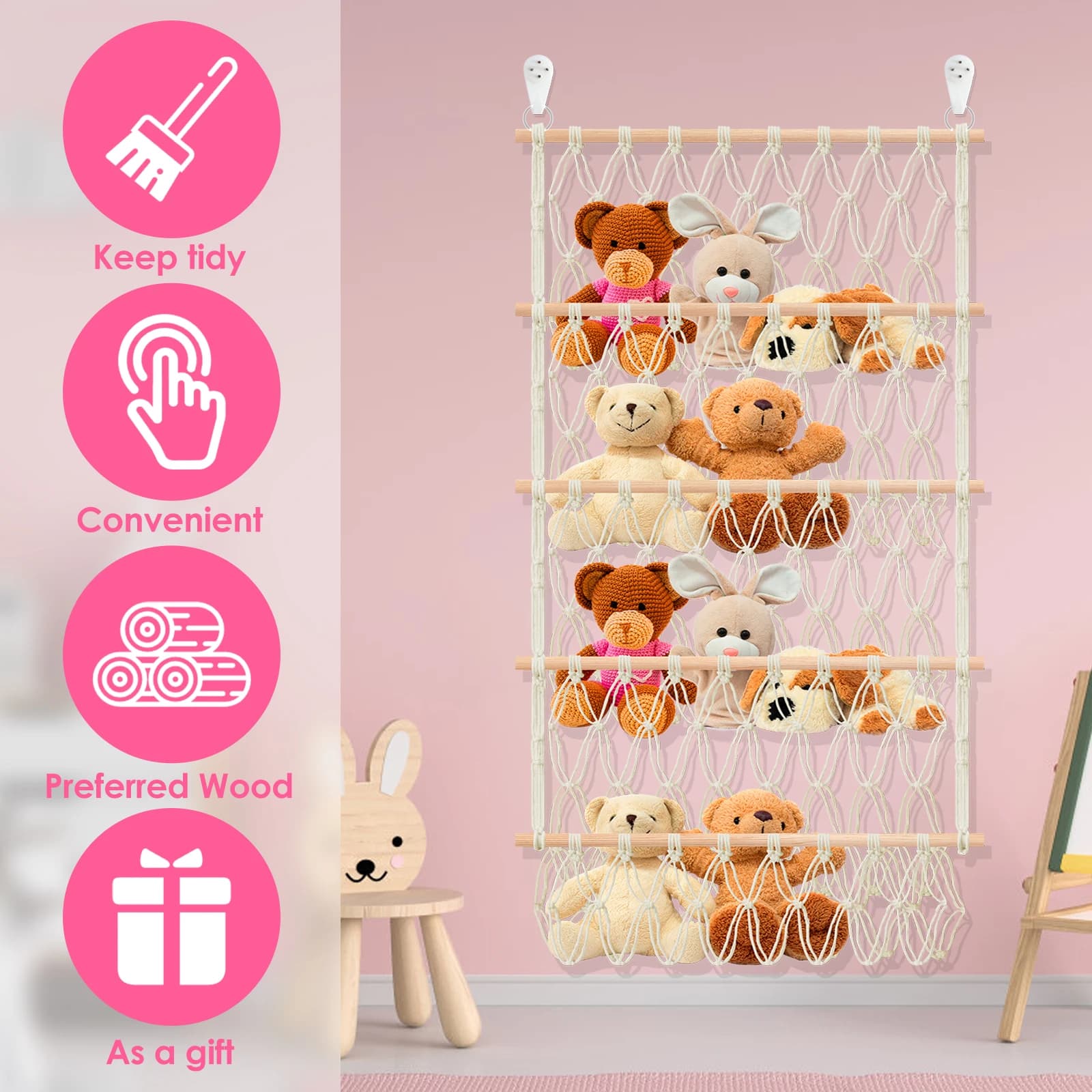 Filet de rangement pour jouets en peluche à 4 couches, filet de rangement pour animaux en peluche de