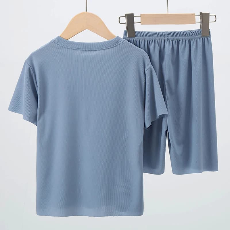 Pyjama en soie glacée pour enfants, objectifs fins à manches courtes d'été, ensemble 2 pièces de vêt