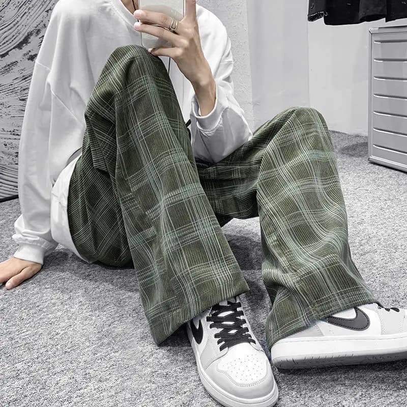 Printemps été velours côtelé Vintage Plaid pantalon hommes Streetwear jambe large Baggy pantalon Har