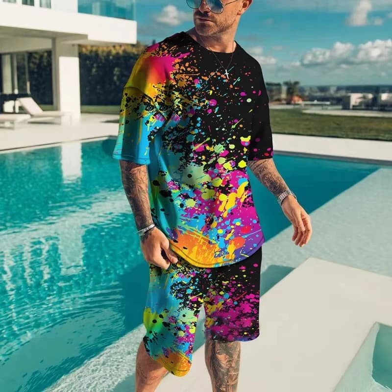 Vêtements de sport pour hommes à la mode été plage à manches courtes chemise imprimée en 3D ensemble