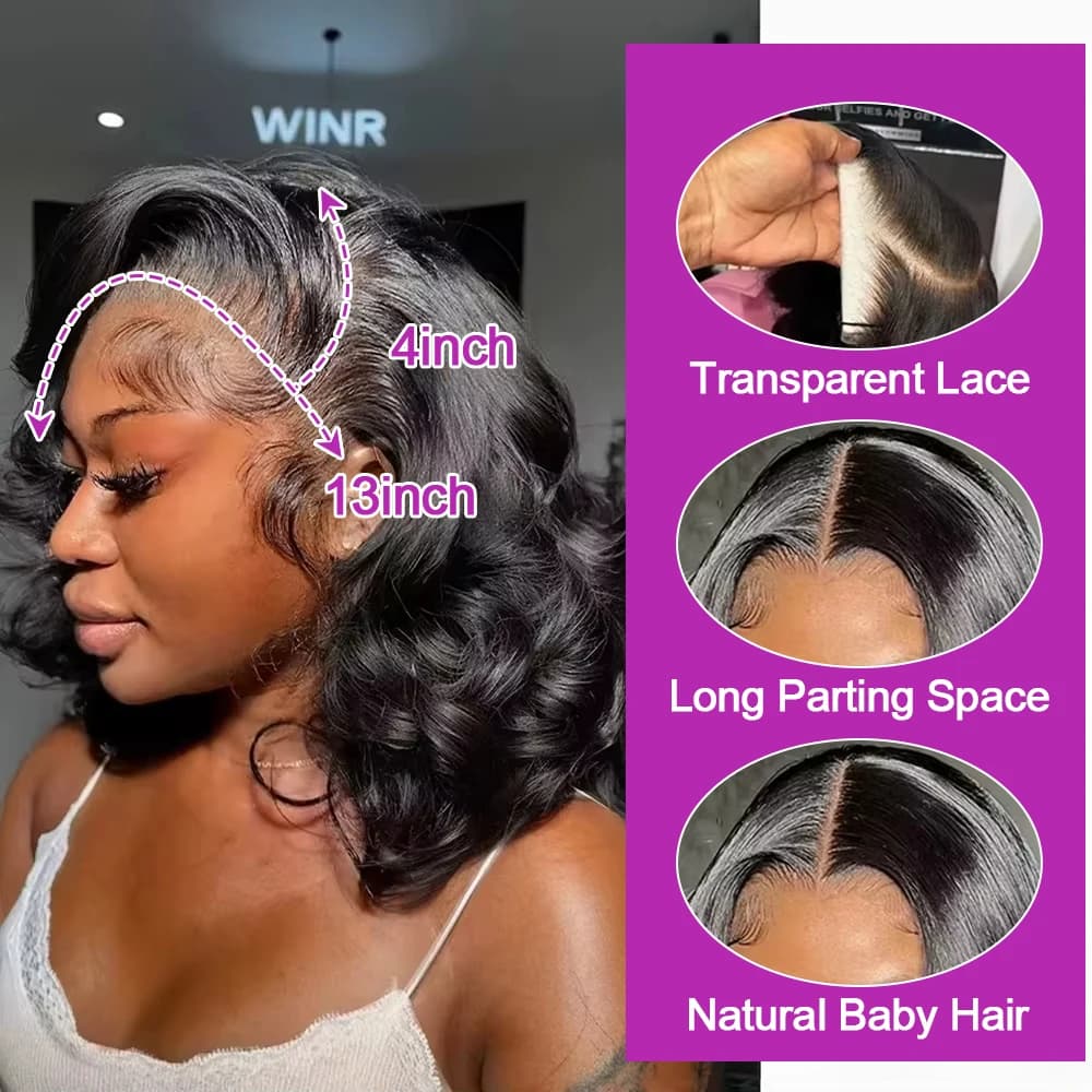 Perruque Bob Lace Frontal Wig Body Wave sans colle, cheveux naturels brésiliens prêts à porter, 13x6