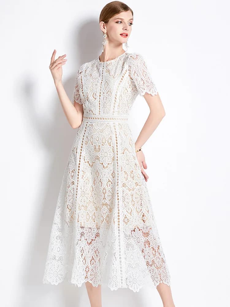 SMTHMA-Robe longue en dentelle évidée pour femme, manches courtes, élégante, mi-longue, haute qualit