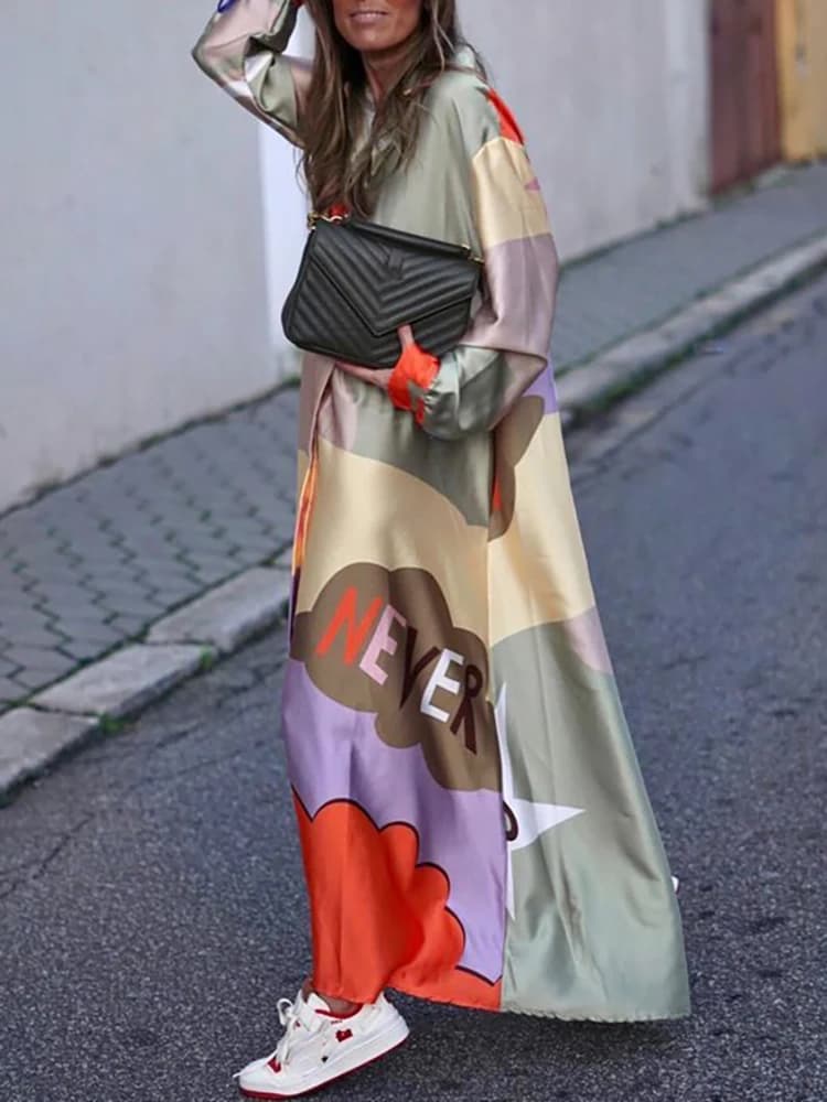 Robe longue décontractée à col rabattu pour femmes, patchwork, imprimé coloré, dame de bureau, robe 