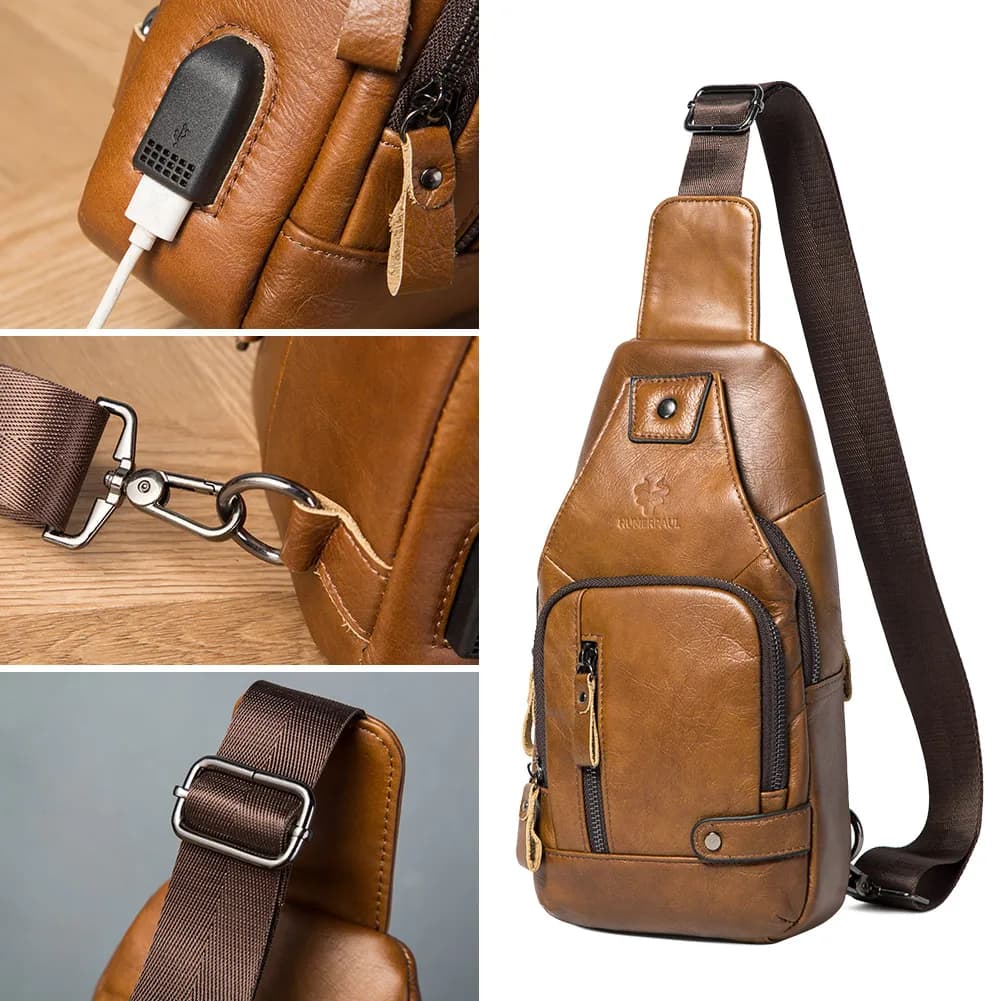HUMERPAUL-Sac de poitrine USB pour homme, 100% cuir véritable, sacs à bandoulière initiés, sac de me