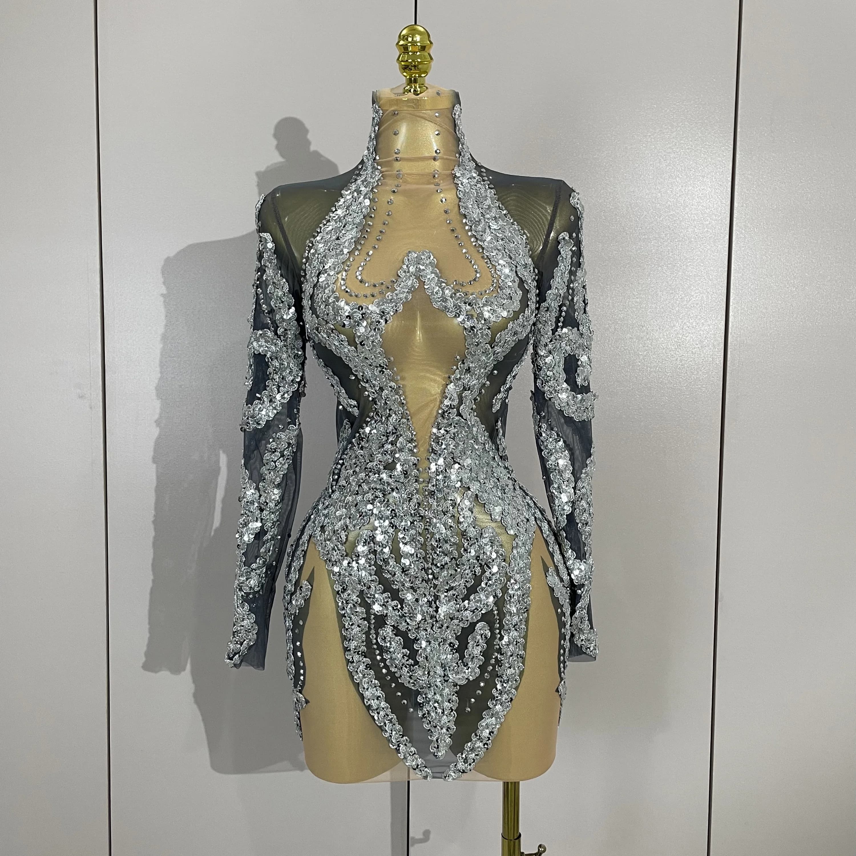 STOCK – tenue de scène Sexy en maille, manches longues, strass scintillants, Mini robe, fête d'anniv