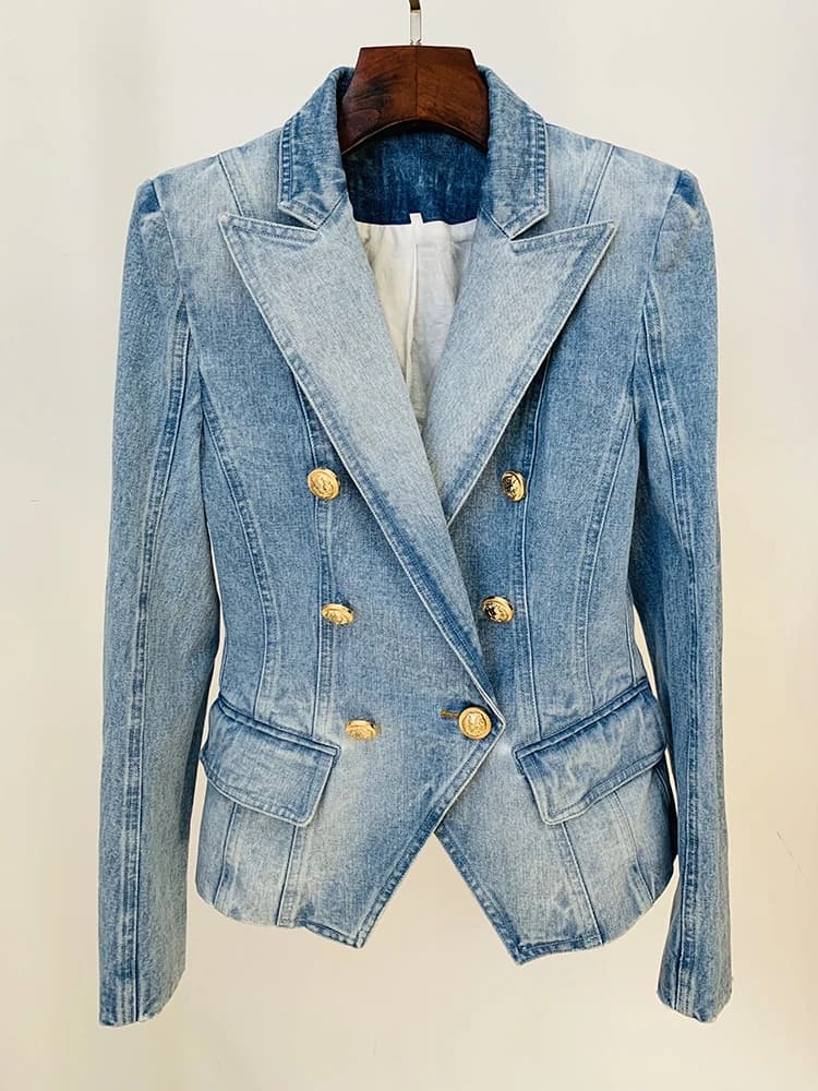 HIGH STREET Nouveauté 2026 Blazer en jean pour femme, coupe ajustée, croisé, avec boutons motif lion