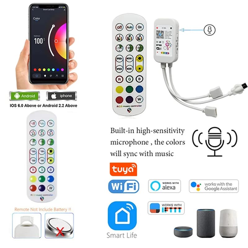 Bande LED colorée 5050, 12V, non étanche, avec contrôle Bluetooth Wi-Fi, bande lumineuse LED intelli