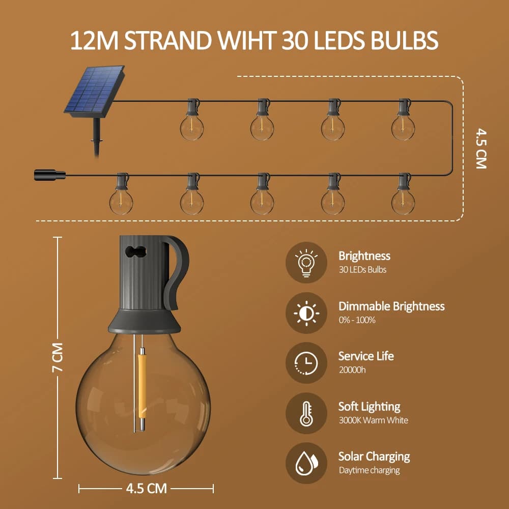 Guirxiété Lumineuse Solaire G40. Lumières Extérieures avec Ampoules LED Incassables, Résistantes aux