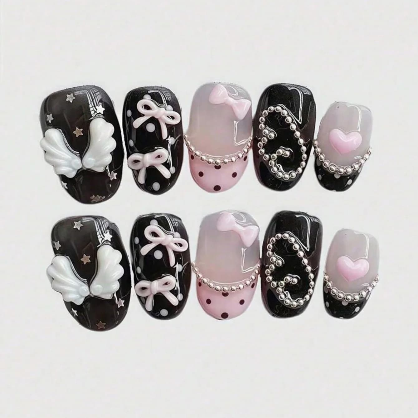 Nail art circulaire court pressé à la main, beaux faux ongles, nœud rose doux et frais, adapté aux f