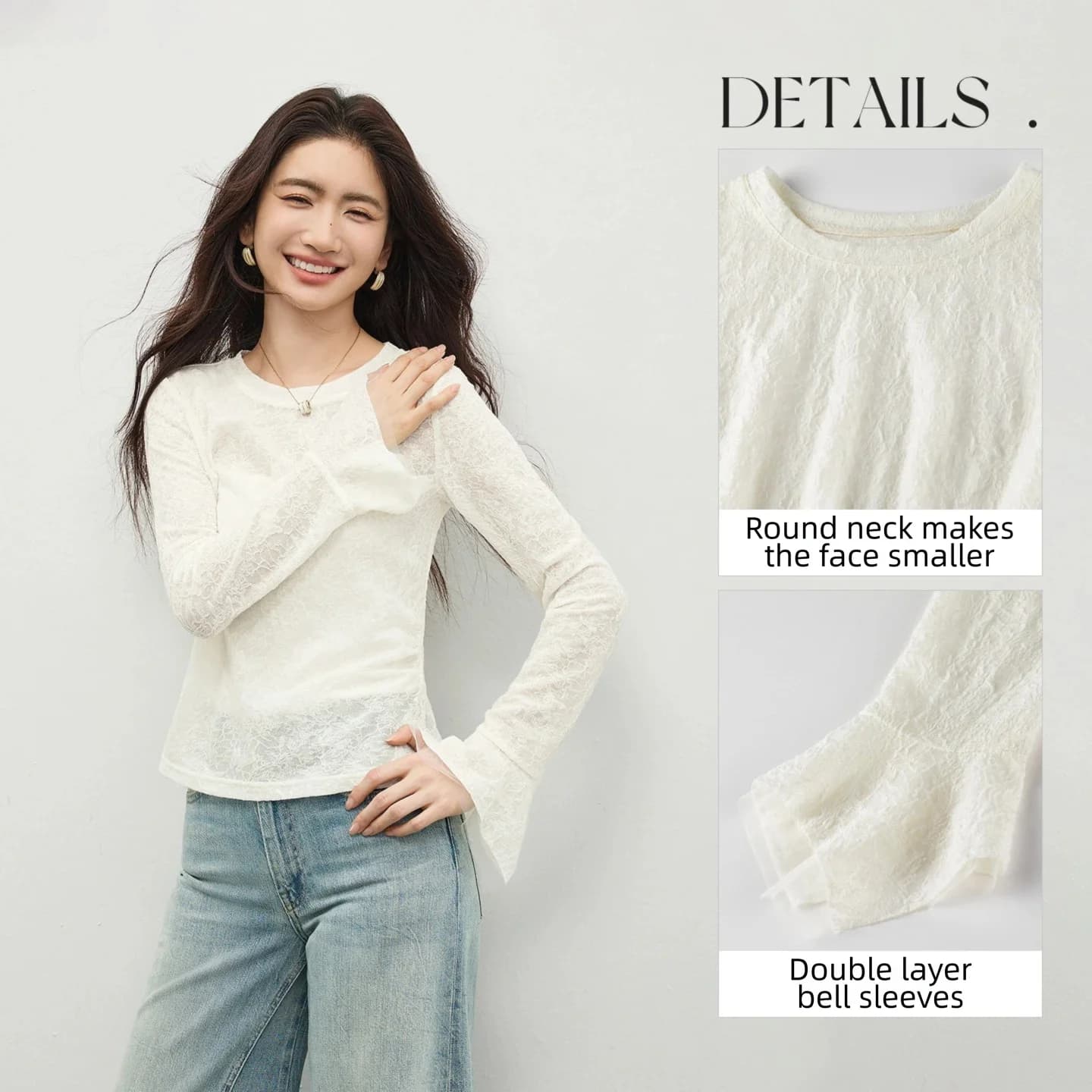 T-shirt en dentelle SENTUBILA pour femme, collection Printemps 2026, col rond, manches évasées, tran