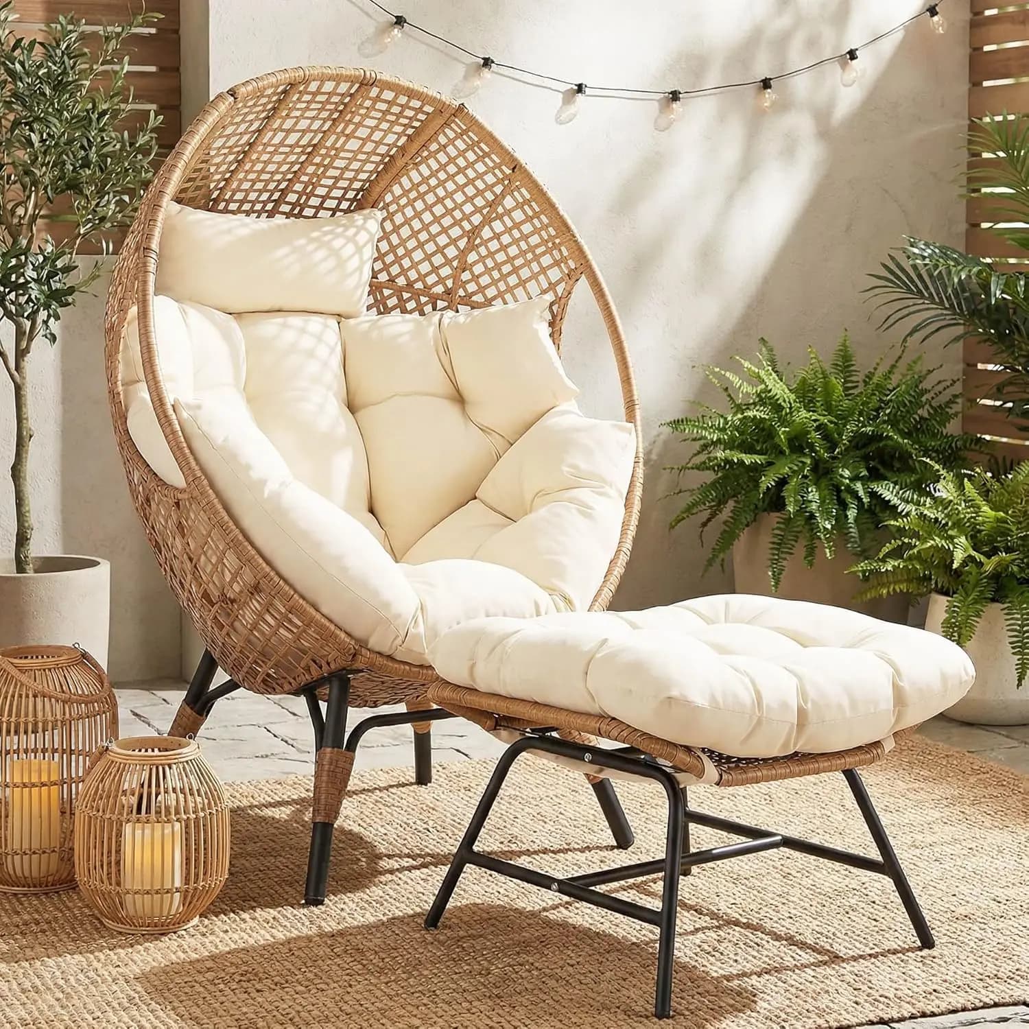 Fauteuil œuf en osier avec repose-pieds, chaise longue d'intérieur/extérieur en forme de panier avec
