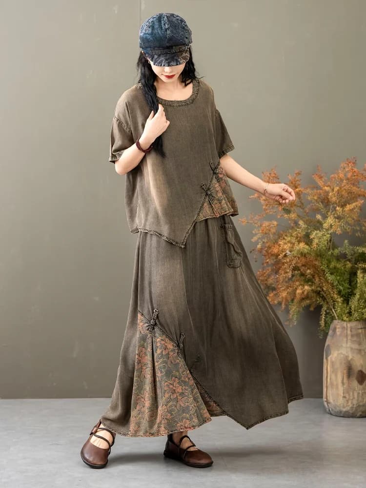 AmaxluluE 2025 costumes d'été femmes chinois 2 pièces ensembles décontracté imprimé Denim tenues de 