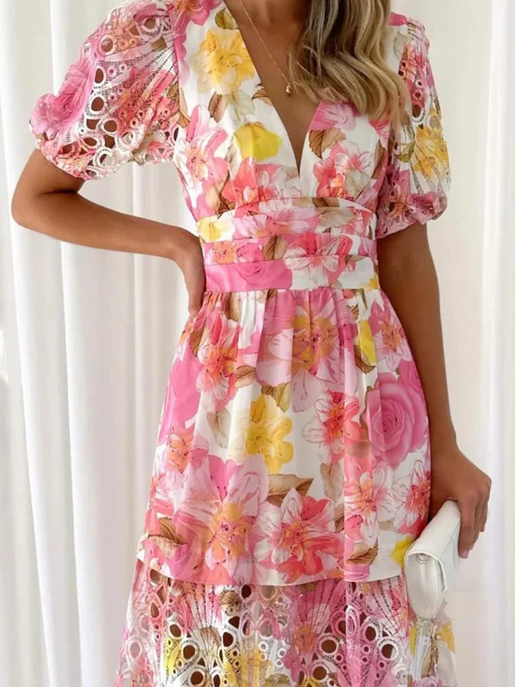 Robe maxi à manches bouffantes évidées pour femmes, robe de soirée à imprimé patchwork pour femmes, 