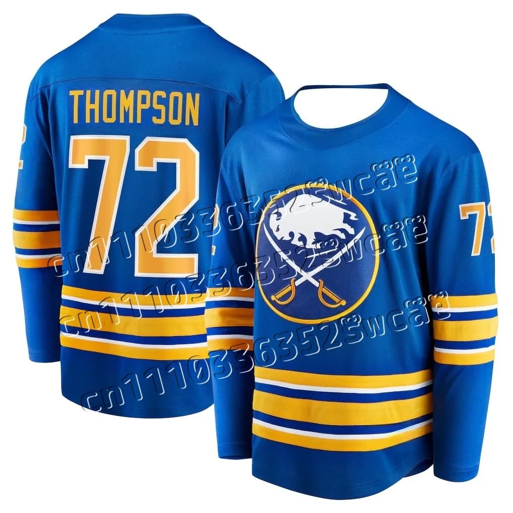 Maillot de hockey - Bleu avec accents jaunes/blancs "Thompson 72" Logo Buffalo Bison & Crossed Sword