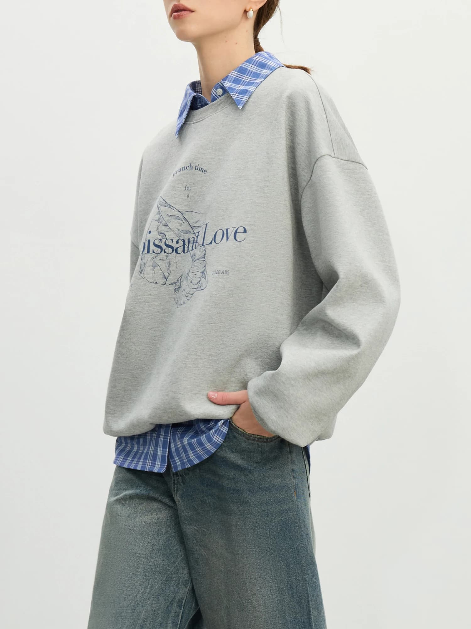 FSLE-Sweat-shirt à col rond sans capuche pour femme, haut décontracté tout match, tenues chics, gris