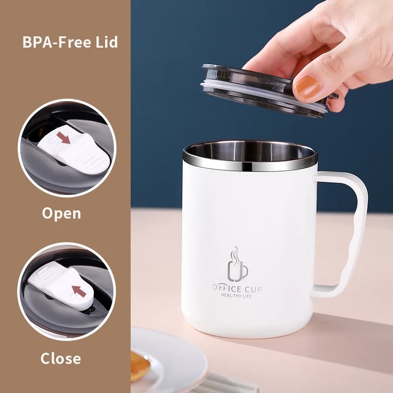 Tasse à café à double couche en acier inoxydable 500 avec couvercle et poignée en plastique, bouteil