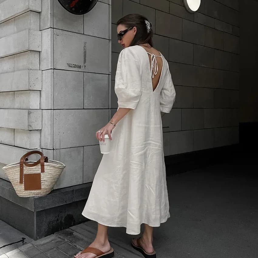 Robe d'été rétro en coton et lin pour femmes, col en V, manches bouffantes, longue robe maxi, robes 