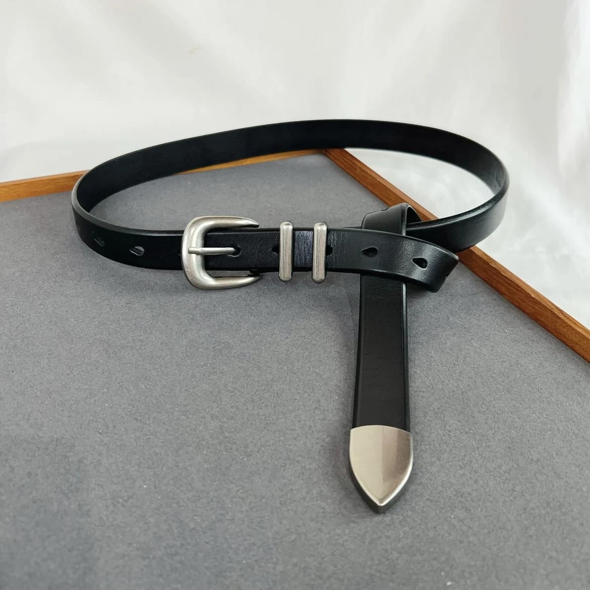 Ceinture Vintage en cuir de vache pour hommes et femmes, argent et noir, boucle, 125cm