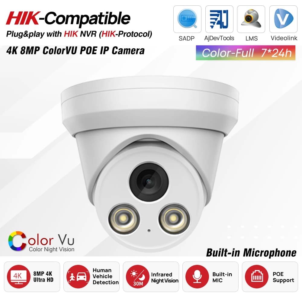 Caméra IP 4K 8MP compatible Hikvision, vision nocturne couleur infrarouge, caméra de sécurité CCTV, 