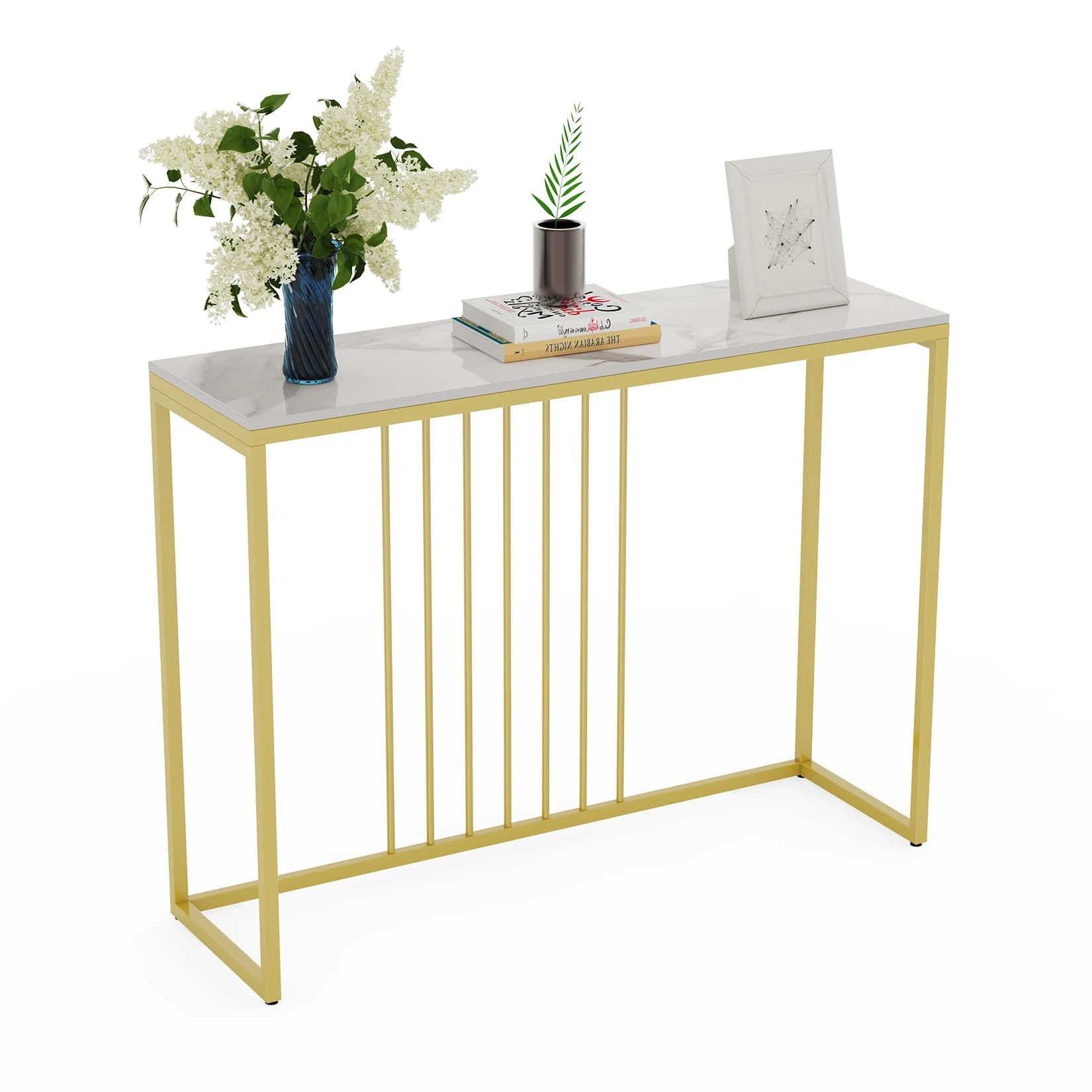 Console d'appoint moderne, Table en marbre, cadre en métal doré, présentoir de rangement, Table étro
