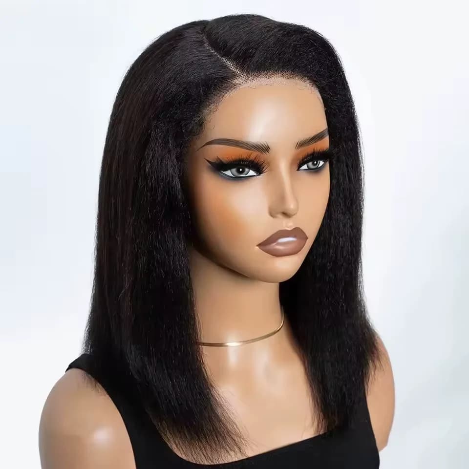 Perruque Lace Wig naturelle sans colle, cheveux crépus lisses, avec raie latérale, 14 pouces, naissa