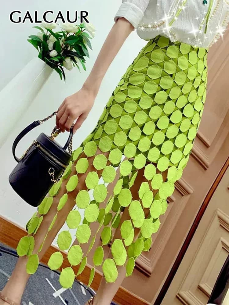 GALCAUR – jupe mi-longue élégante à pois pour femmes, avec des franges, taille haute, couleur unie, 