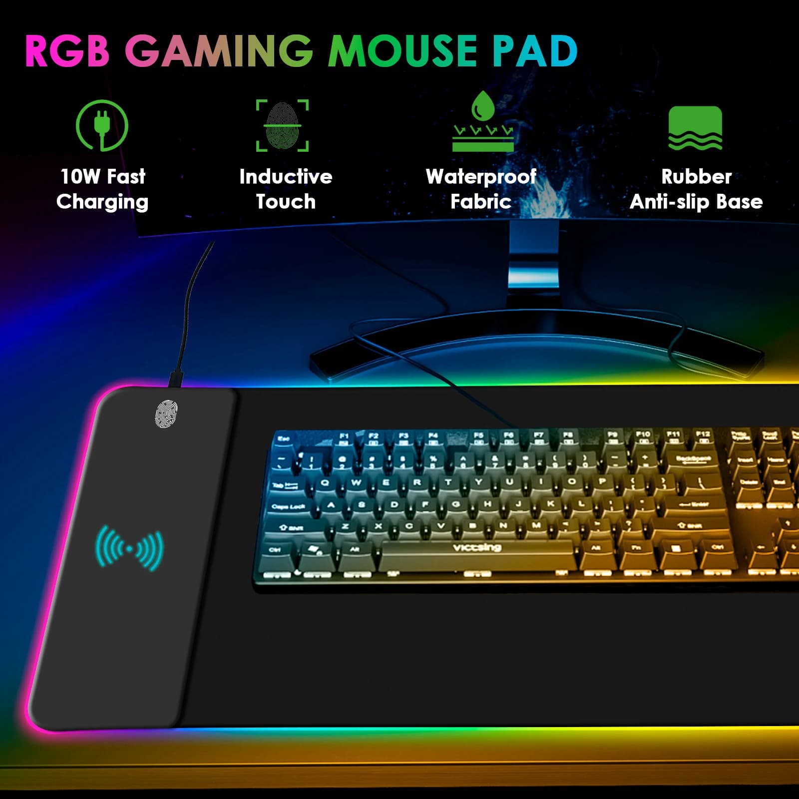 Tapis de souris RGB à chargement sans fil, LED de jeu, avec 10 Modes d'éclairage, Extra Large XXL, e