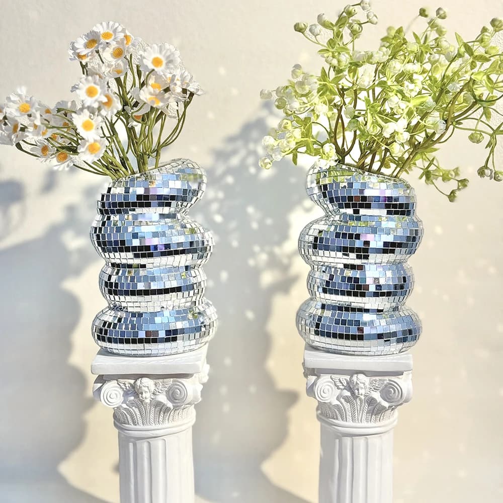 Vase boule Disco spirale, carreaux de verre uniques, bouteille de fleur, jardinière boule Disco, Vas