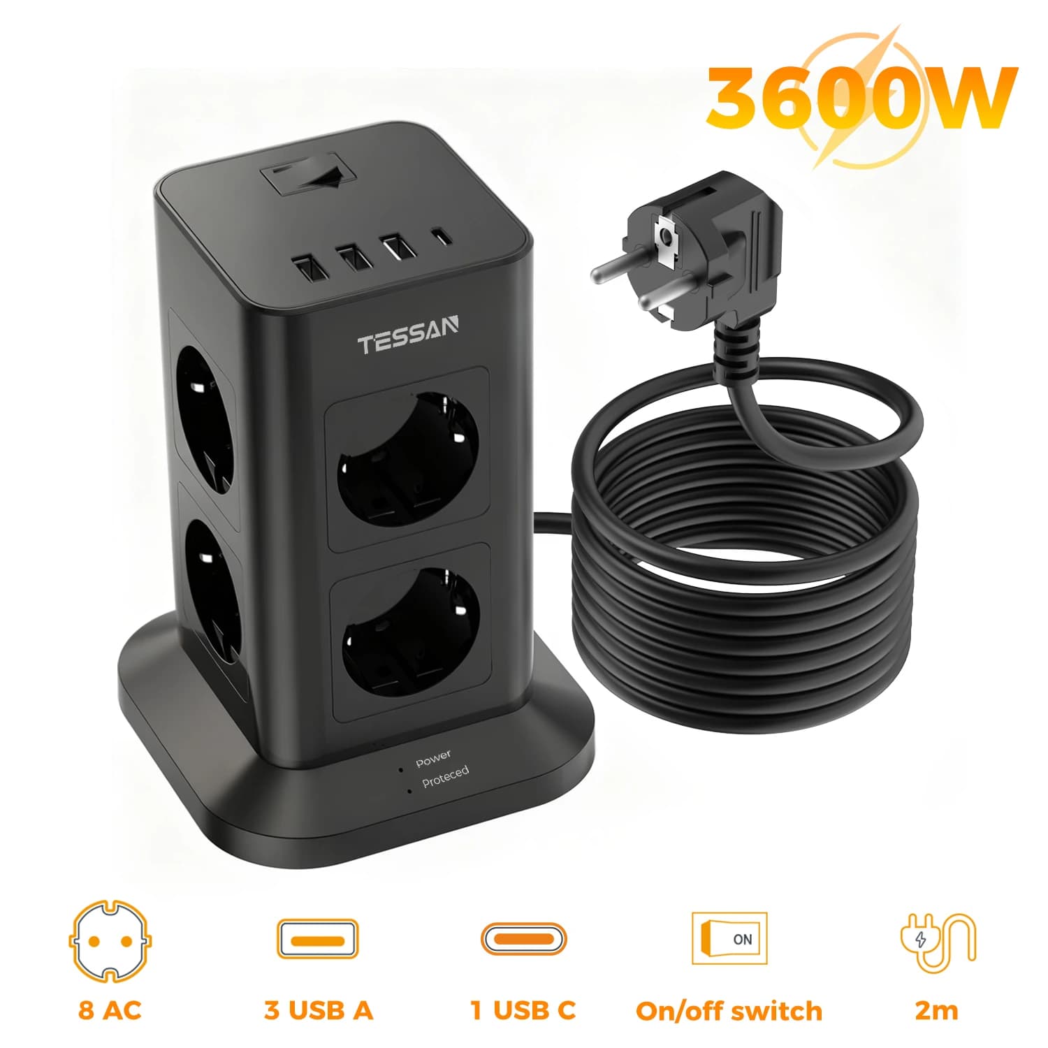 TESSAN 3600W USB C tour multiprise avec rallonge de 2M prise électrique verticale avec interrupteur 