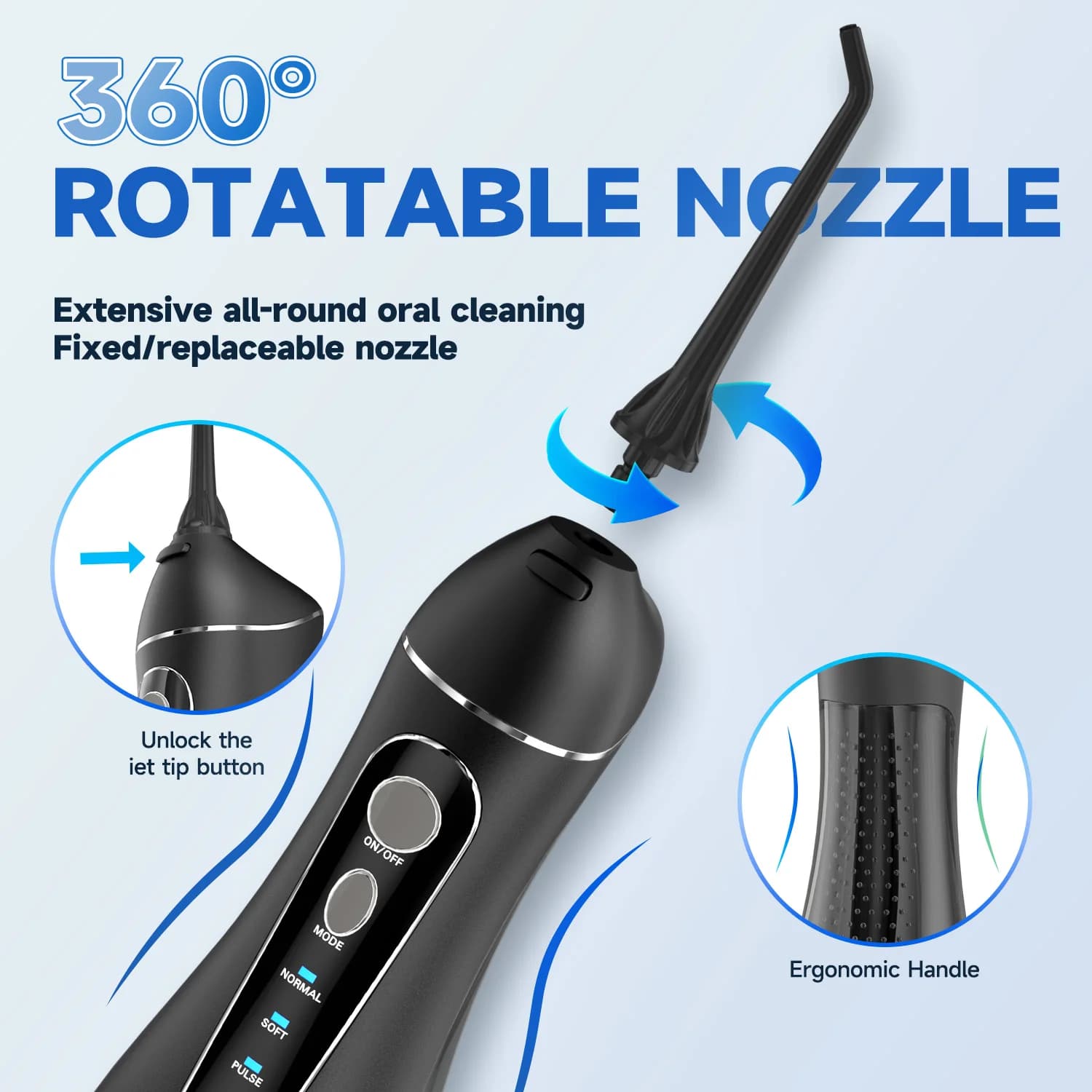 Hydropulseur Portable Sans Fil F18, 3 Modes de Nettoyage, Étanche, Rechargeable, 4 Buses pour Nettoy