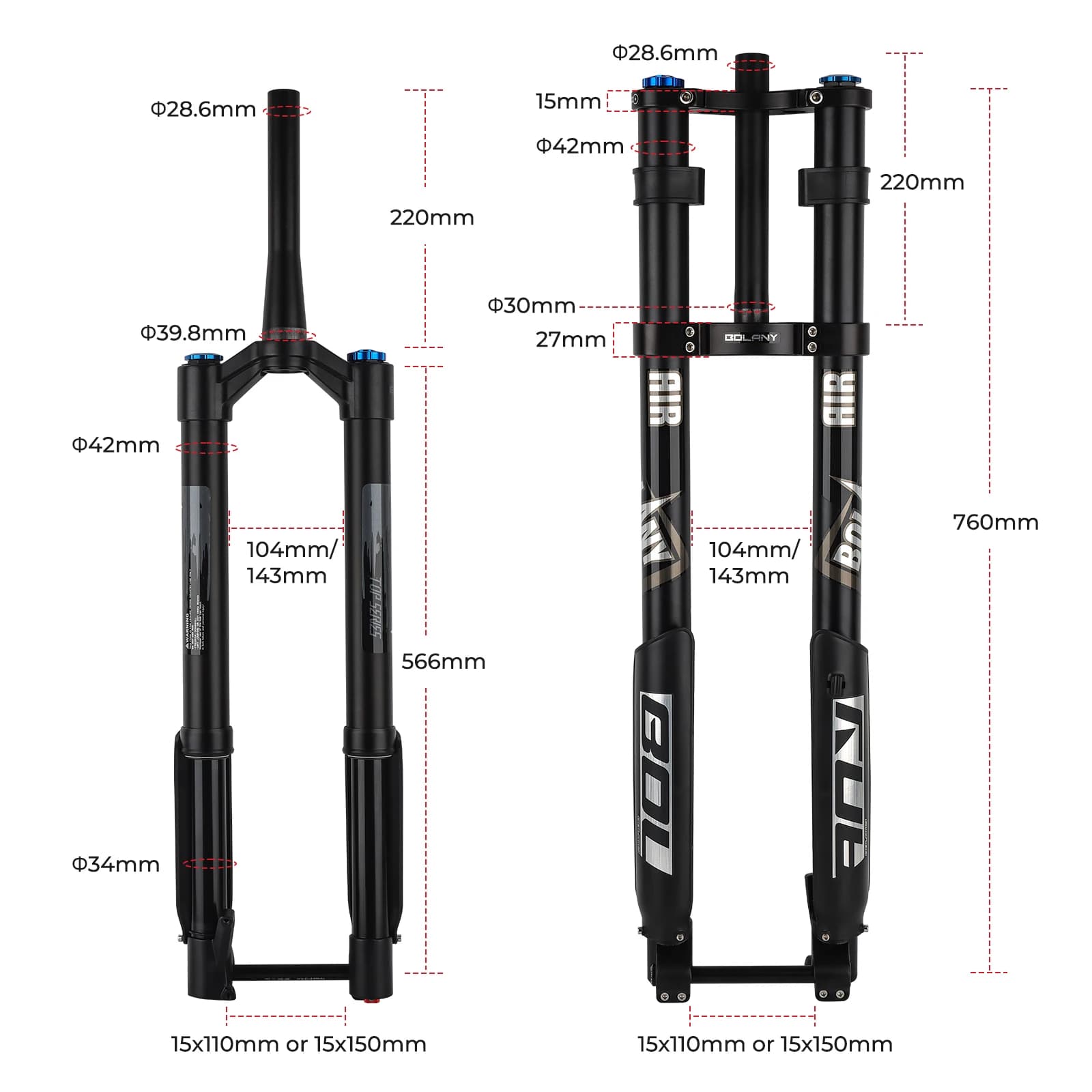 BOLANY fourche de vélo inversée Double épaule fourche vtt pour descente 29 pouces fourche Boost à ax