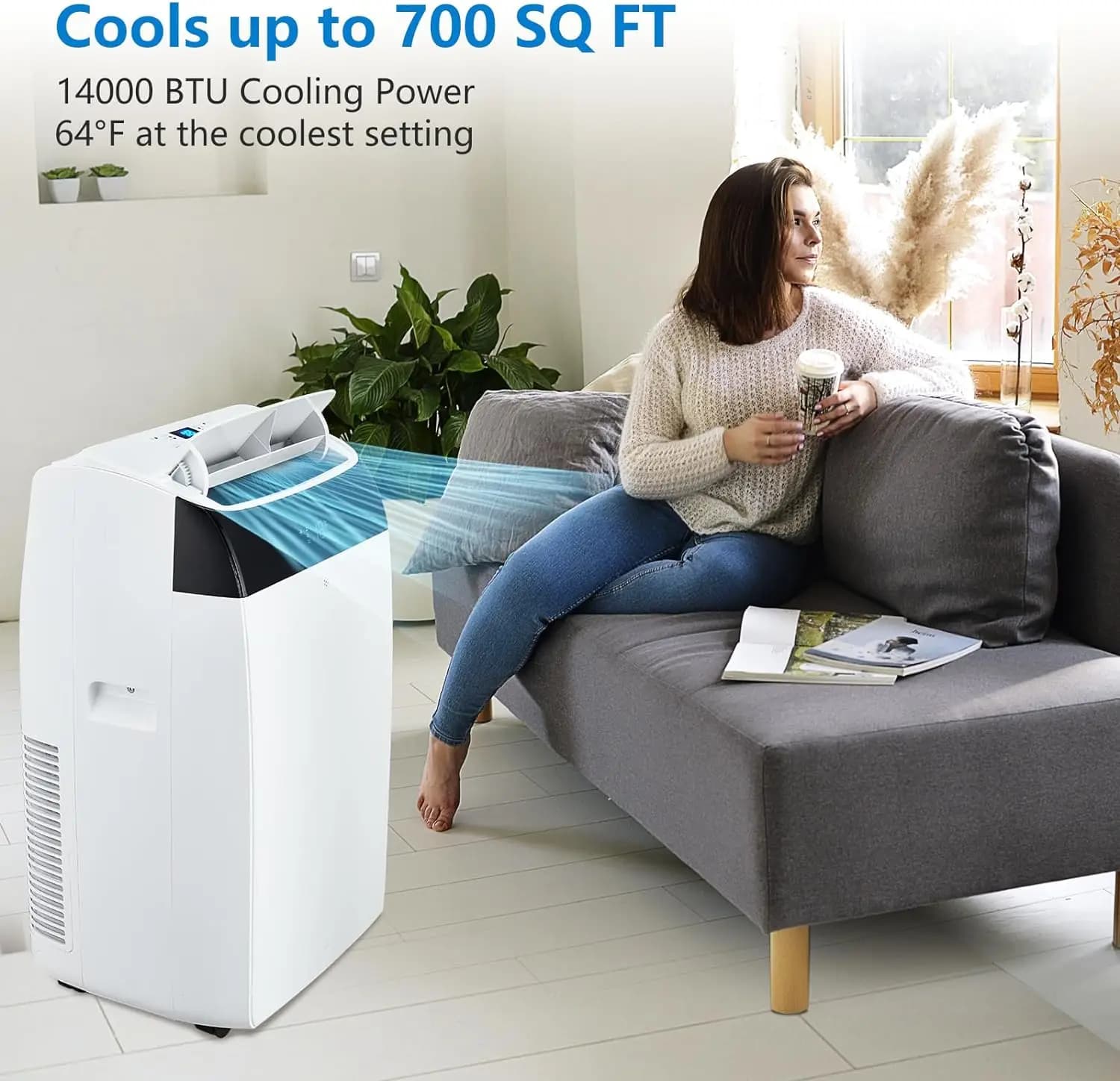 Climatiseur portable 3 en 1 avec télécommande, moteurs cool et touristes, balançoire automatique, 14