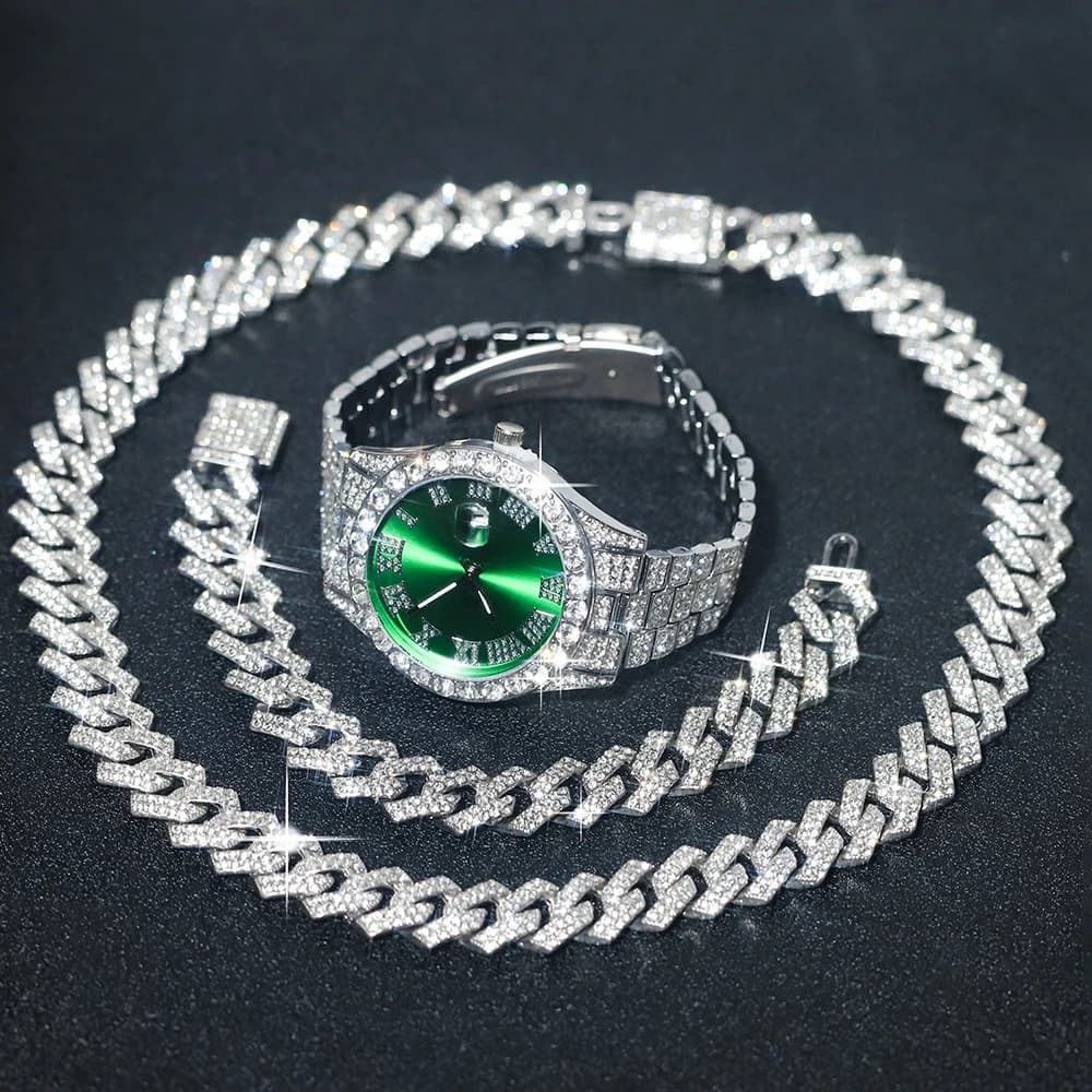 Ensemble de montres en argent pour hommes, 3 pièces, Hip-hop Punk incrusté de diamants + chaîne cuba