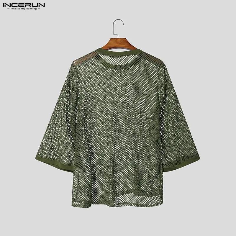INCERUN T-shirt Homme Uni en Maille Transparente Sexy Oversize Vêtements Streetwear 2026 Manches 3/4