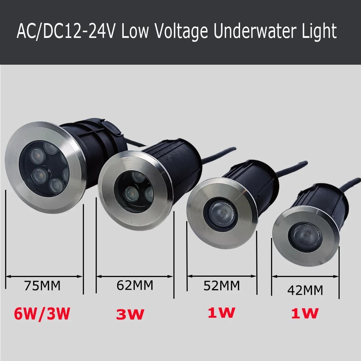42MM 52MM 62MM 75MM 1W 3W 6W 12V-24V IP68 piscines éclairage tout en acier inoxydable LED lumière so