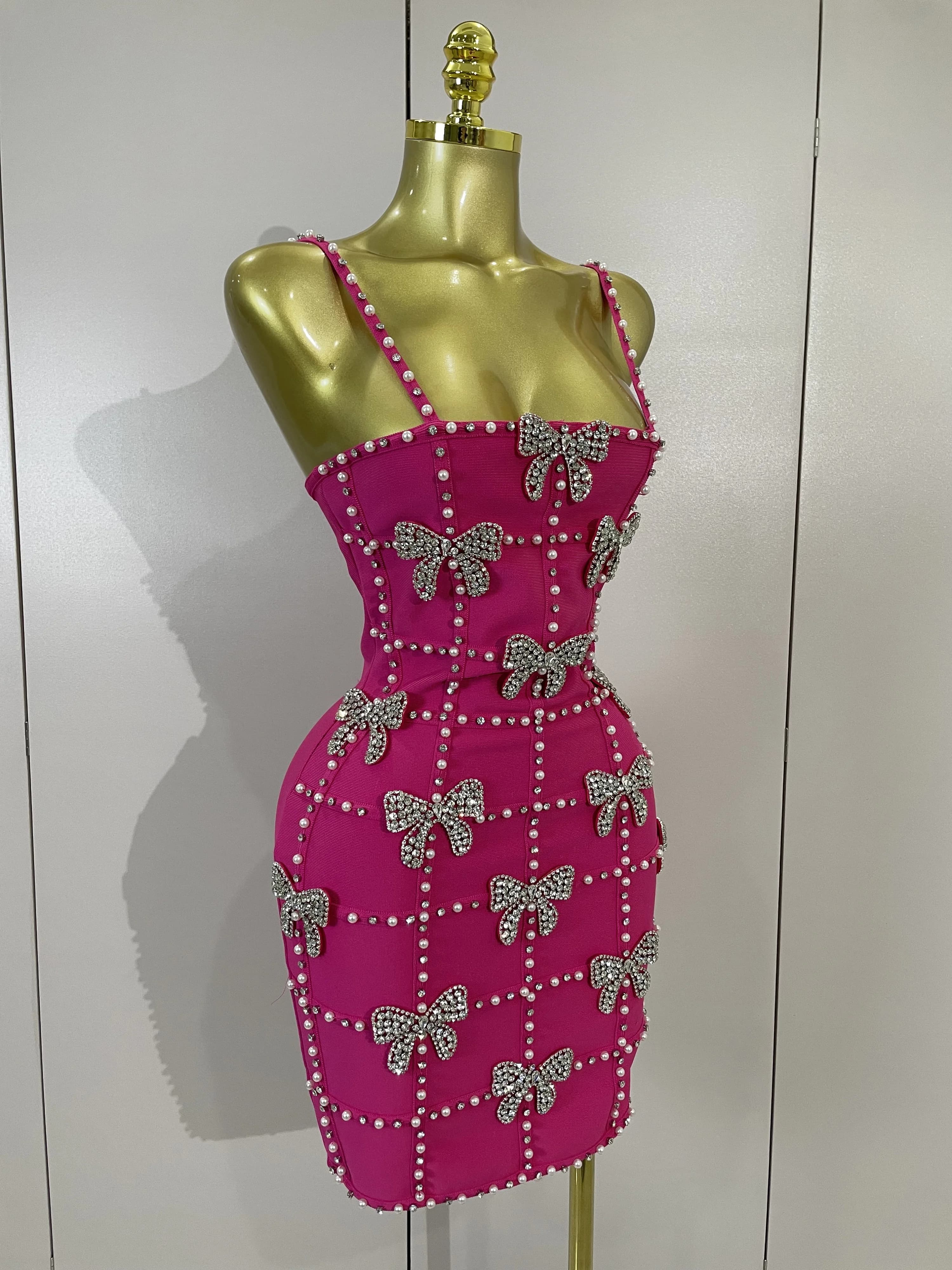Robes mini en tricot élégantes et luxueuses pour femmes, avec nœuds, diamants et perles, pour soirée