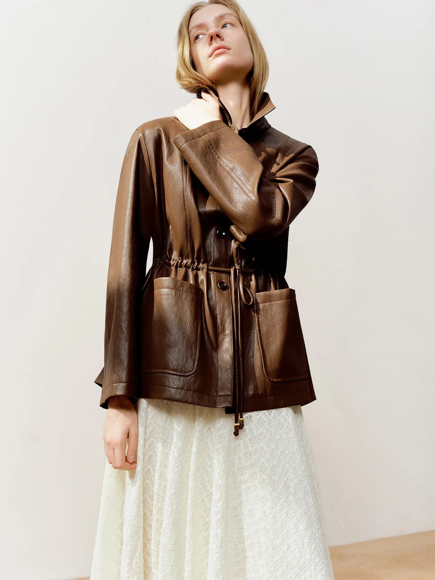 Veste en cuir oversize à taille élastiquée pour femme DUSHU 2026 - Coupe flatteuse, style moto, vest