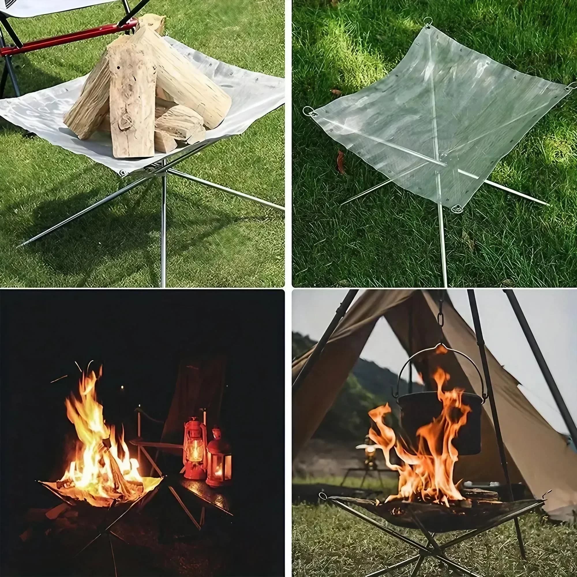 Poisson de foyer de Camping en maille d'acier Portable pliante, support de feux de foyer à bois exté