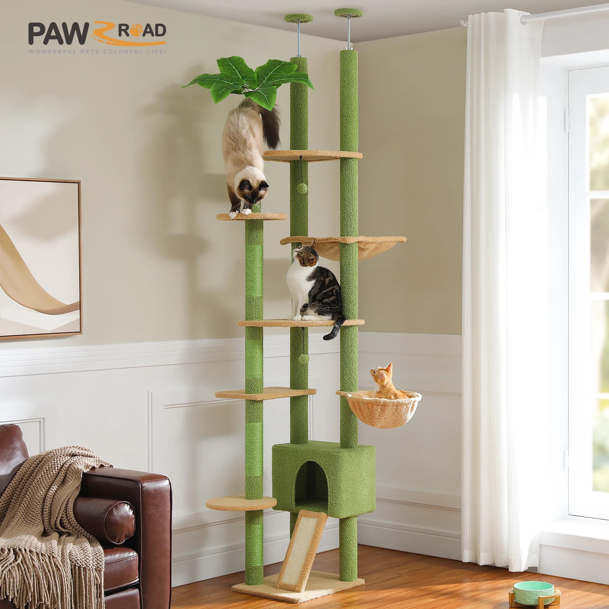 Arbre à chat Cactus du sol au plafond, tour à chat réglable en hauteur avec Hamac confortable pour c