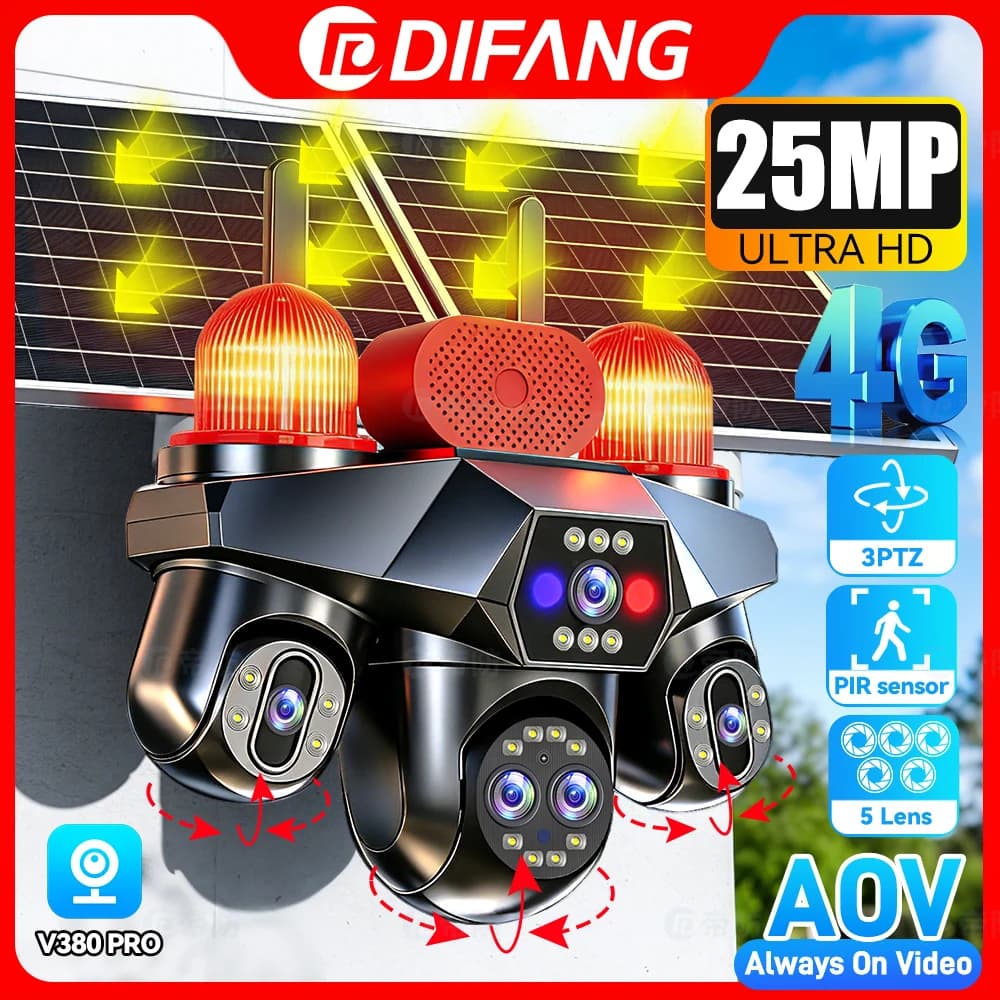 Caméra IP sans fil solaire extérieure 4G Sim AOV, 5 objectifs, caméra de surveillance PTZ, zoom 10x,
