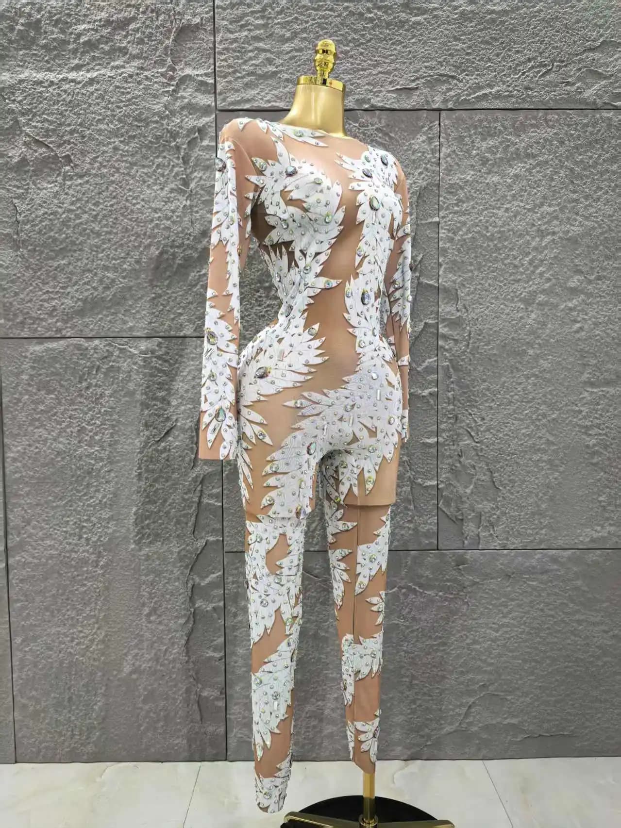 Gros femmes Sexy à manches longues brillant strass moulante combinaison célébrer discothèque fête Pe