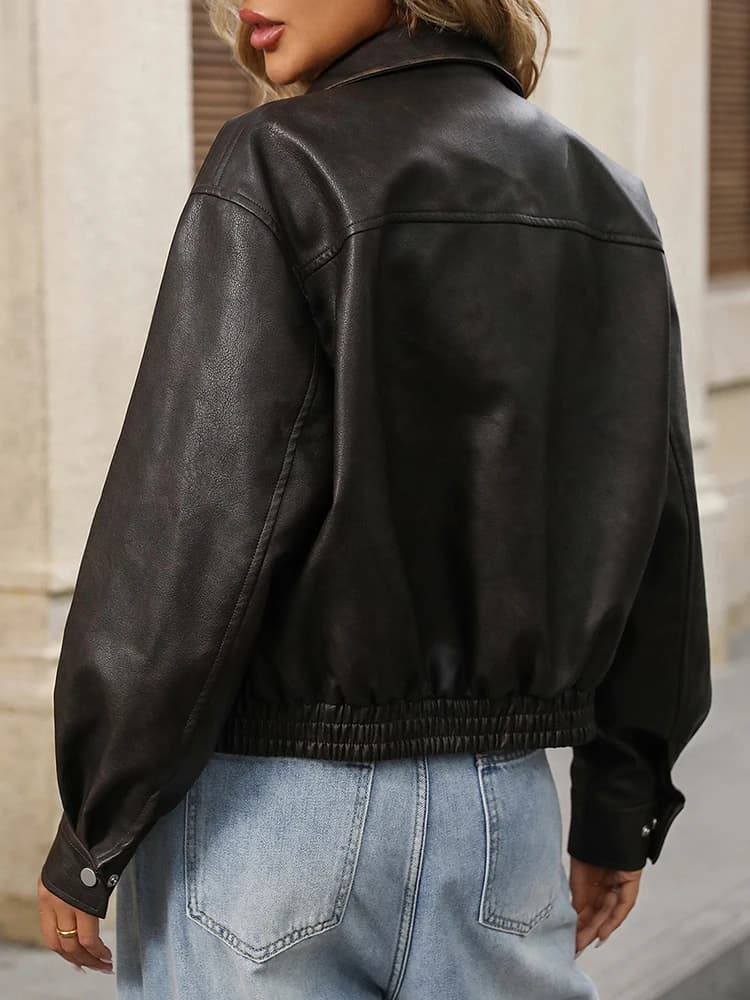 Ailegogo Printemps automne femmes Vintage lâche pu similicuir veste Vintage femmes streetwear zip po