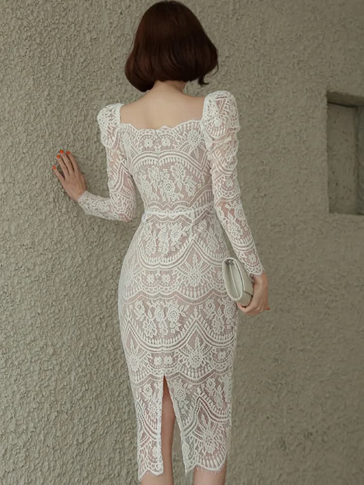 Robe élégante en dentelle à col carré pour femmes, manches longues, gaine taille haute, robes de bur