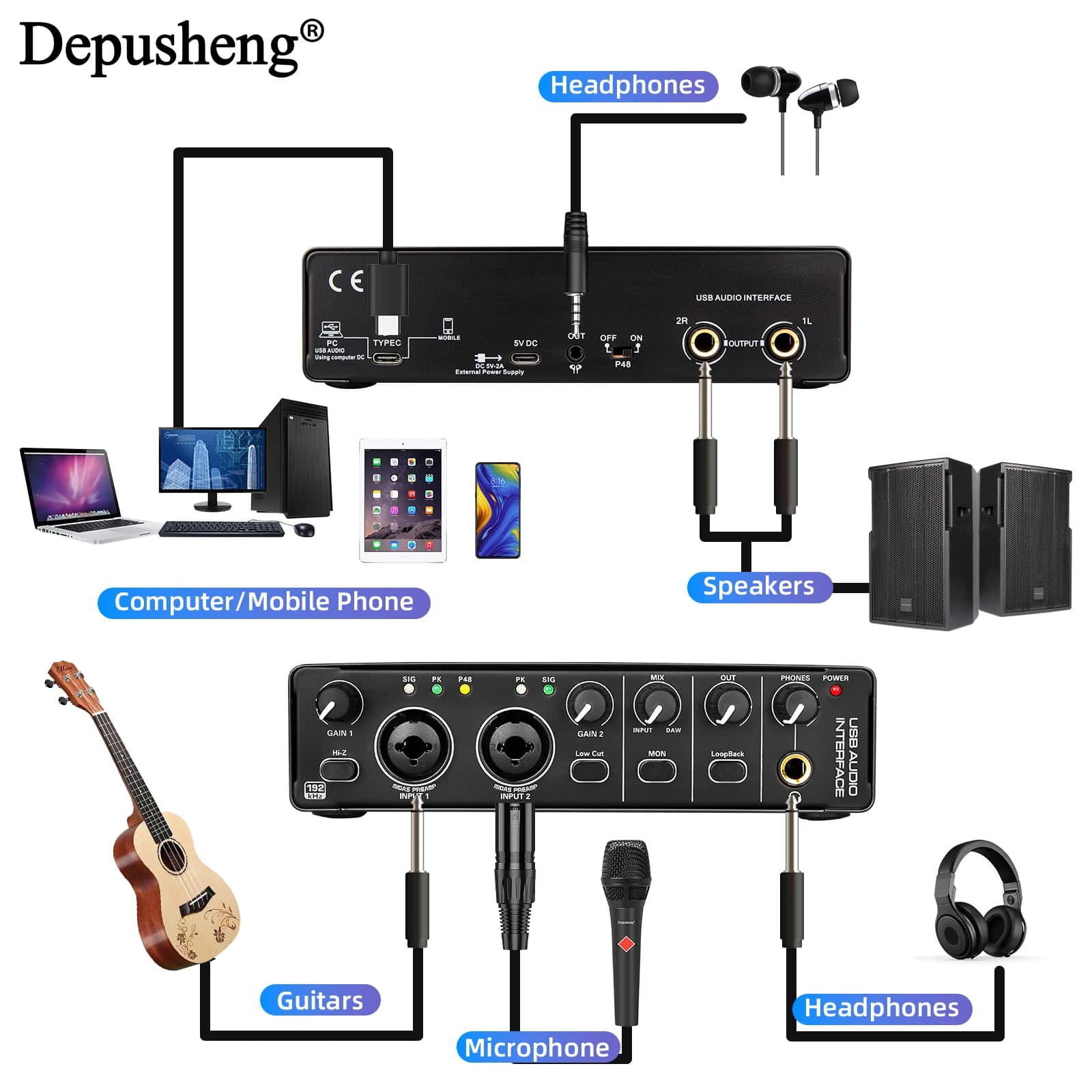 Interface audio Depusheng MD22 USB 3.0, carte son avec monitoring pour enregistrement live de guitar