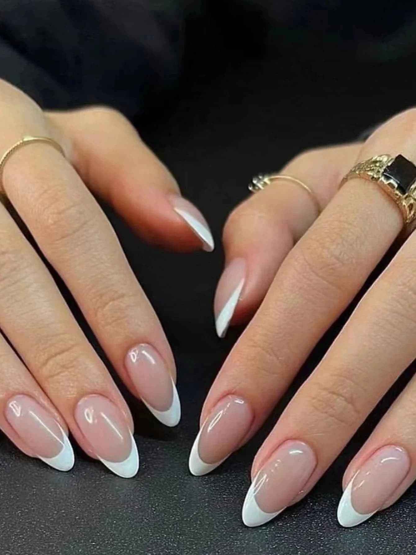 Faux ongles longs en amande, blancs, à pression française, couverture complète Simple, pointes détac