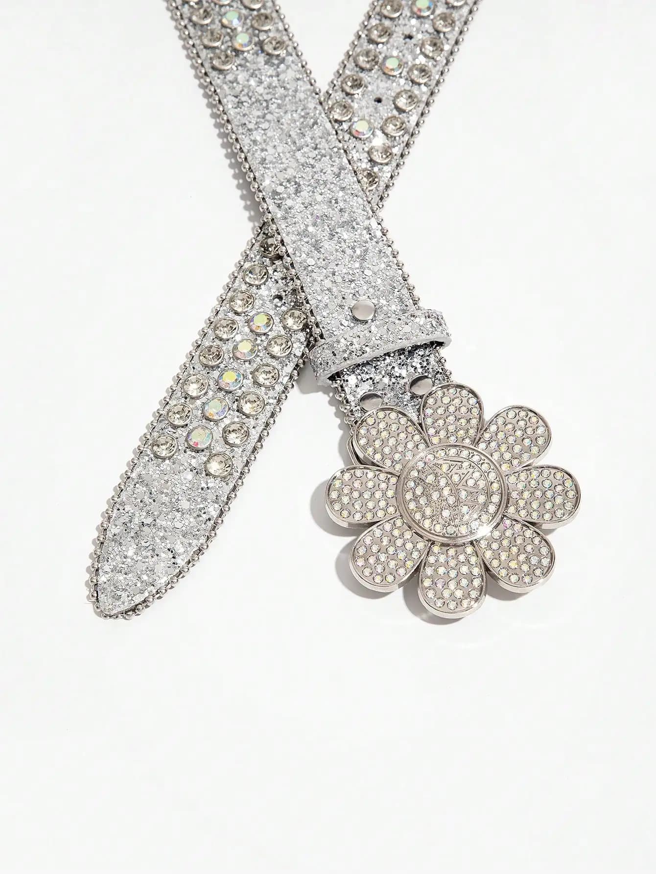 Ceinture punk argentée Y2K pour femmes, 1 pièce, smiley fleur, strass, boucle laser, strass pour jea