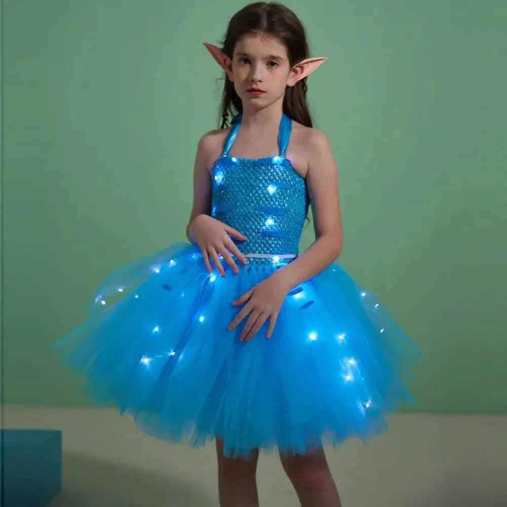 Costumes d'Avatar avec Lumières LED pour Bol, Robe Tutu Dégradé d'Halloween avec Oreilles d'Elfe, Te