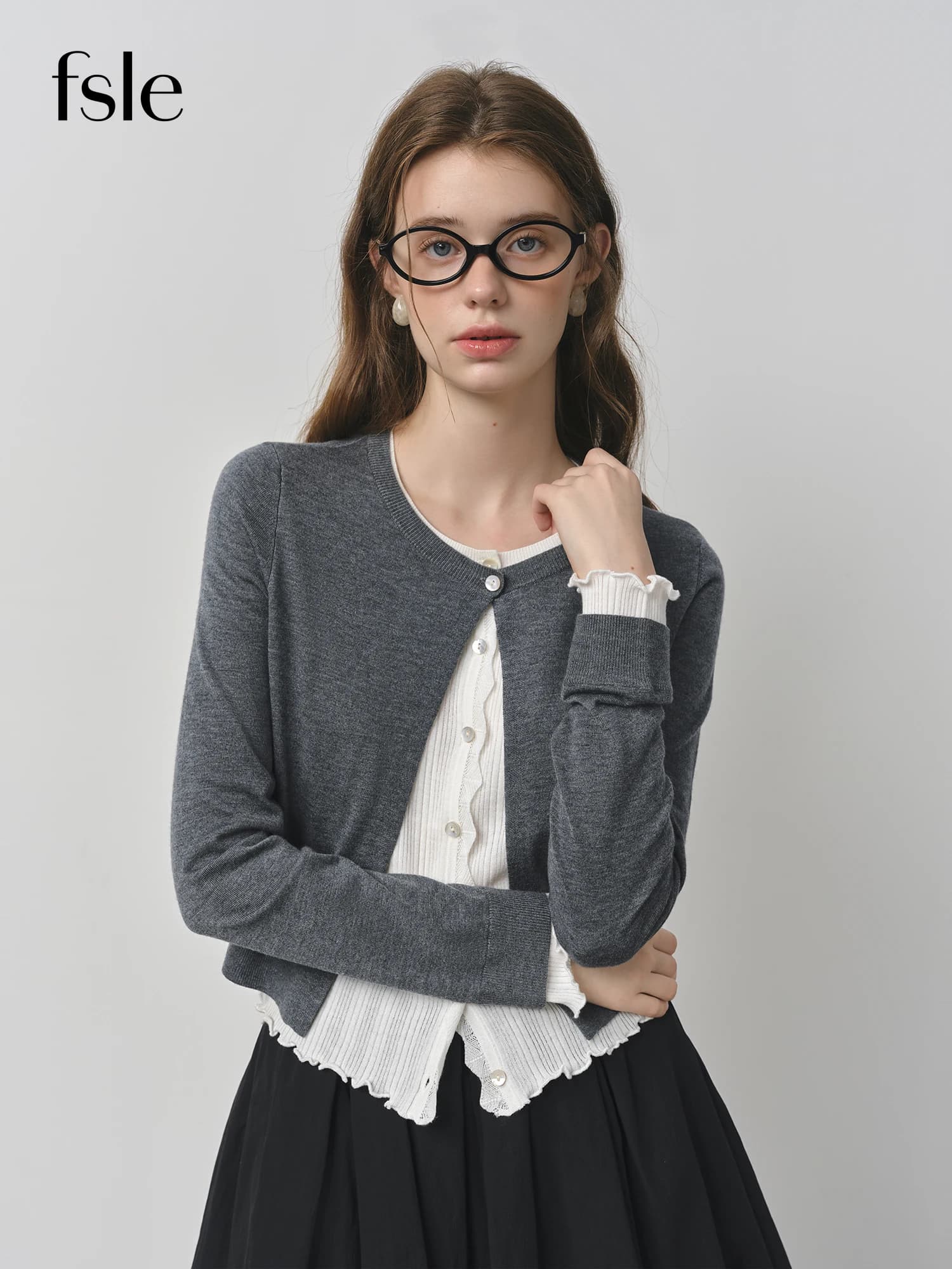 FSLE 2025 automne Style coréen femmes faux deux pièces Cardigan mûrier soie laine mélange couleur bl