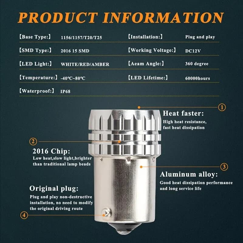 2PCS 1156 BA15S BAU15S P21W PY21W Signal Lumière 1157 BAY15D LED Ampoule 2016SMD Frein Inverse Lampe